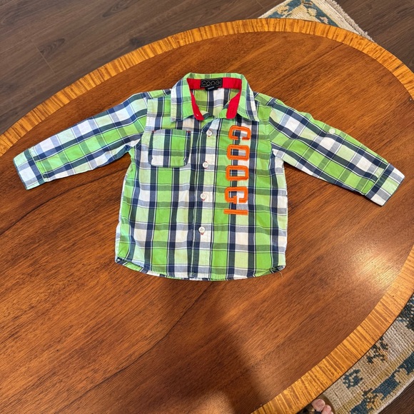 COOGI Embroidered Button Down Shirt‎ Green Blue Plaid Roll Tab Sleeves Size 2T - Picture 1 of 8
